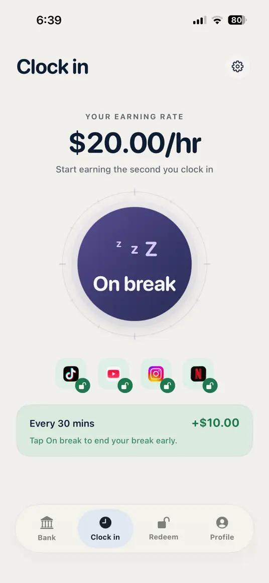 Finn Clock In screen while on break with selected apps unlocked