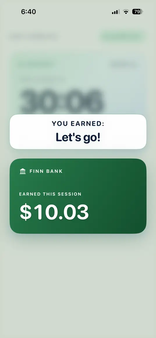 Finn Payday showing earnings from a completed session