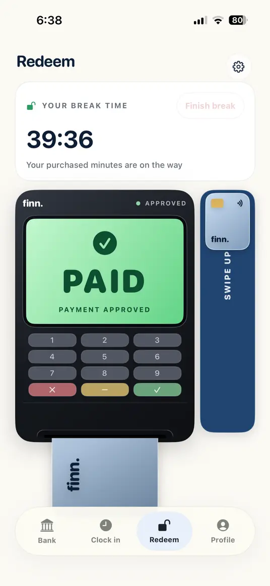 Finn Redeem payment terminal showing PAID